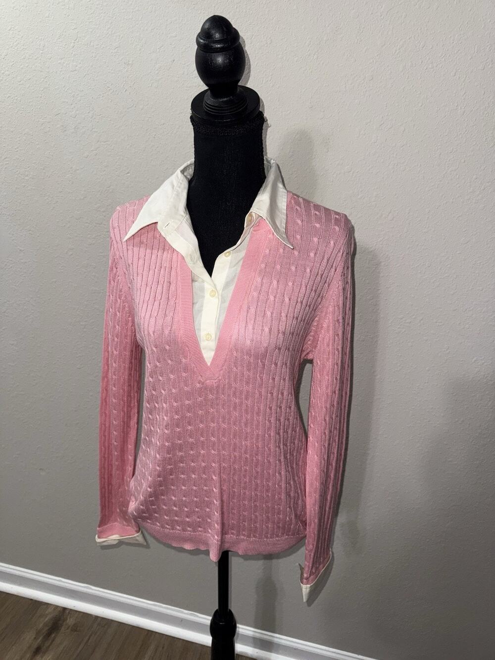 Lauren Ralph Lauren Sweater L Pink Silk Cotton Cable Knit Collared V Neck Y2K